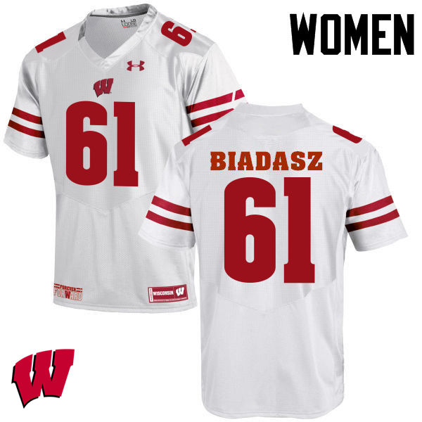 Wisconsin Badgers Women's #61 Tyler Biadasz NCAA Under Armour Authentic White College Stitched Football Jersey WP40Q53LR